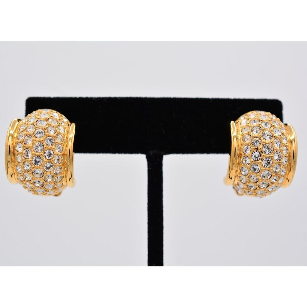 Swarovski Vintage Clip On Earrings Gold Rhinestone Crystal Swan Signed 90s BinAY